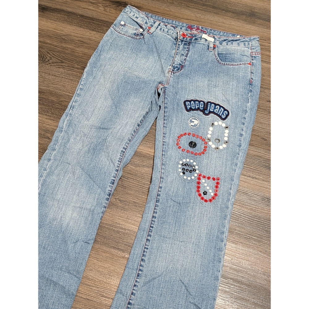 Pepe Jeans London Women Light Wash Flared Denim Jeans Y2K Patches Size 32